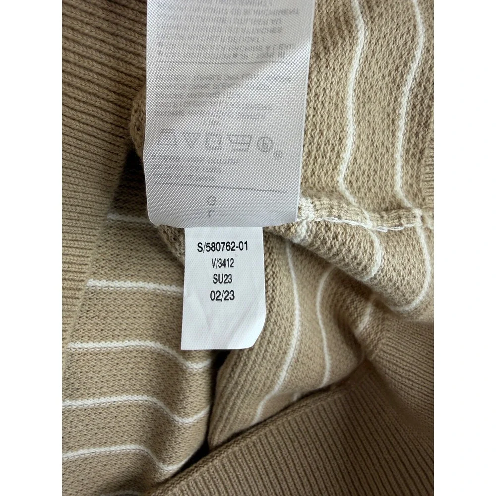 Mens Tan Knit Polo Shirt L Cream Striped Short Sleeve Cotton Minimalist Coastal